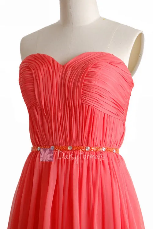 Charming Long Sweetheart Chiffon Bridesmaid Dress Special Coral Beaded Evening Dress(BM1037)