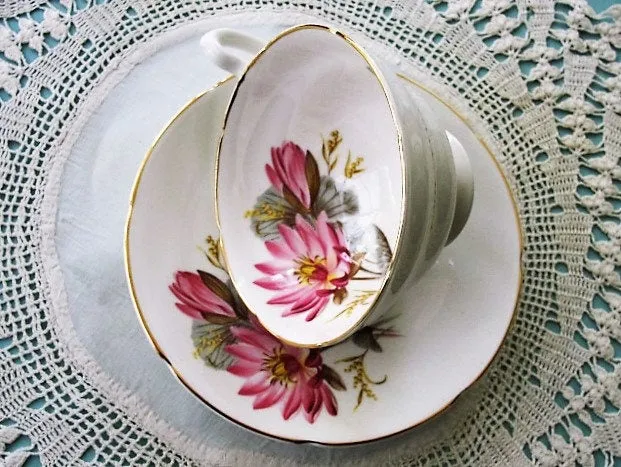 CHARMING Teacup and Saucer Royal Grafton English Bone China,PINK Flowers,Vintage Cup and Saucer,Tea Time China, Collectible Teacups