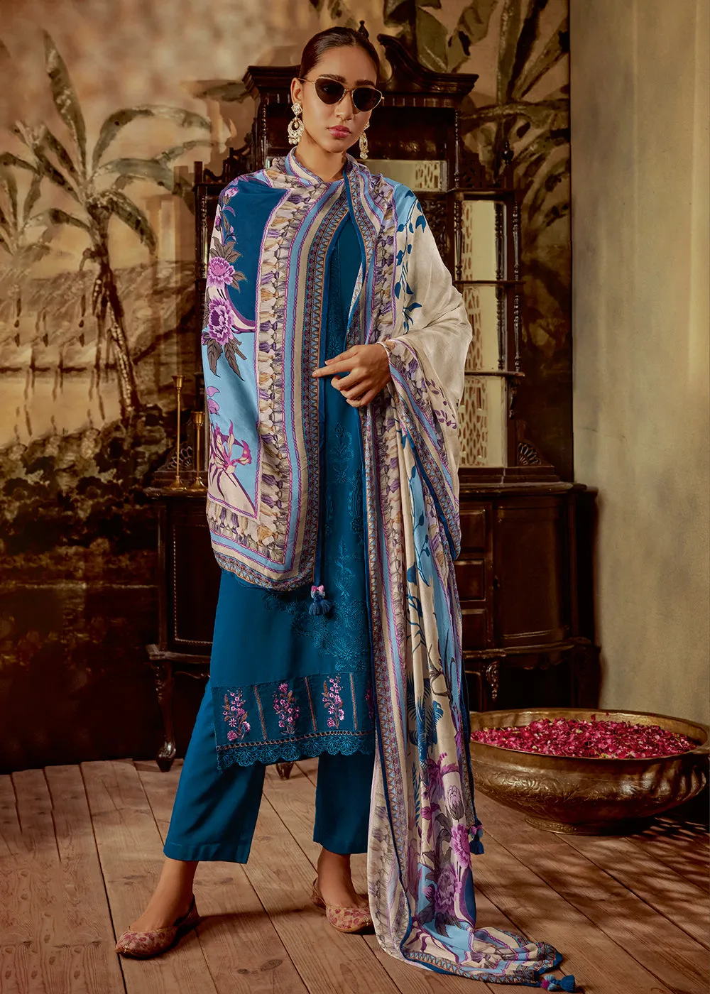 Charming Teal Blue Parsi Style Embroidered Festive Salwar Suit