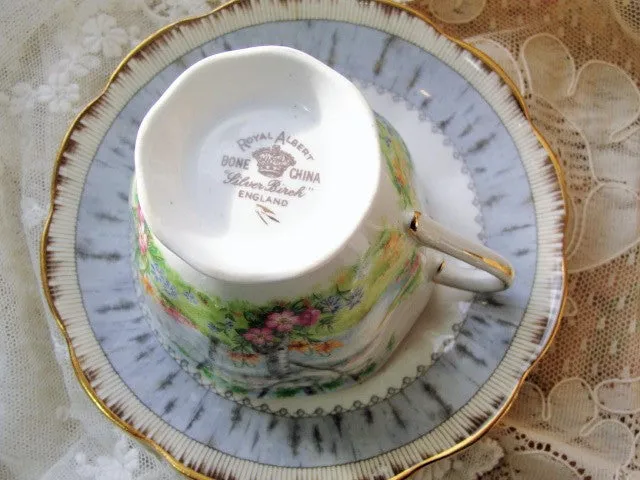 CHARMING Vintage Tea Cup and Saucer SILVER BIRCH Royal Albert English Bone China for Bridal Luncheons,Showers, Hostess Gift, Bridesmaid Gift, Weddings,Tea Parties