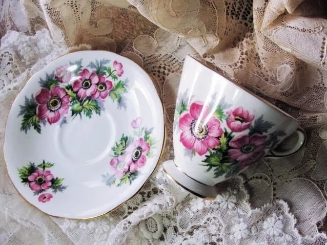 CHEERFUL Teacup and Saucer,WINDSOR English Bone China,Sweet PINK Flowers,Vintage Cup and Saucer, Bridal Luncheons Showers Tea Parties,Gifts