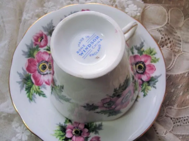 CHEERFUL Teacup and Saucer,WINDSOR English Bone China,Sweet PINK Flowers,Vintage Cup and Saucer, Bridal Luncheons Showers Tea Parties,Gifts