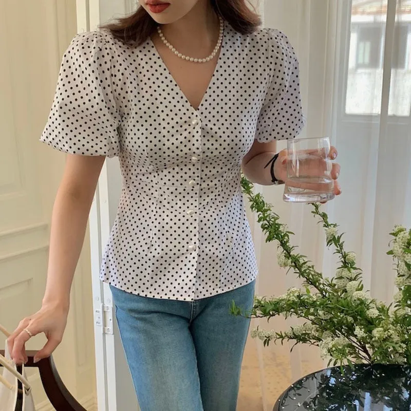 Chiffon Sexy V Neck Women Shirts Print Dot OL Summer Puff Short Sleeve Tops Elegant Tunic European Style White Blouse