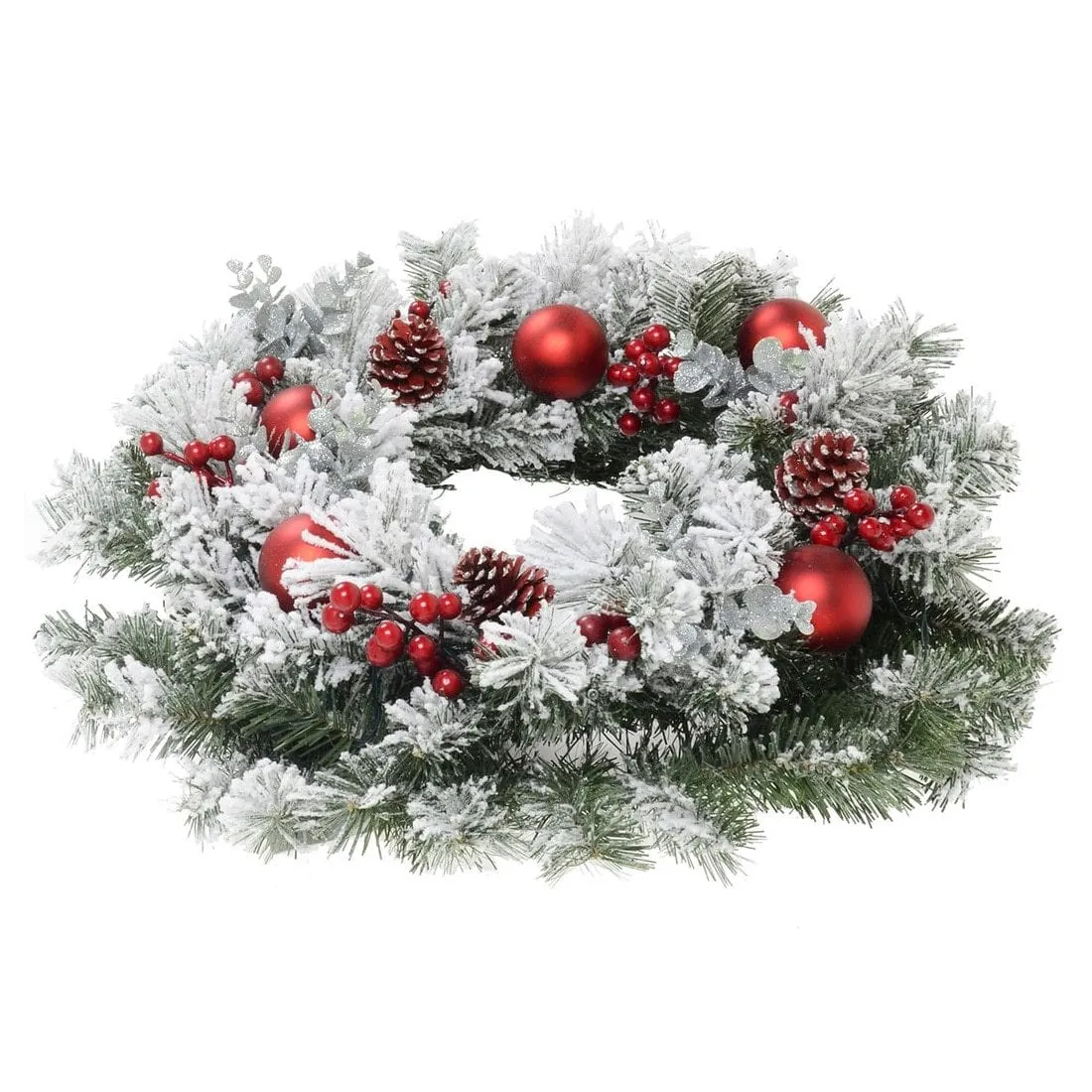 Christmas Wreath Pre-Lit Red Baubles Snow Frosted 60cm (2ft)