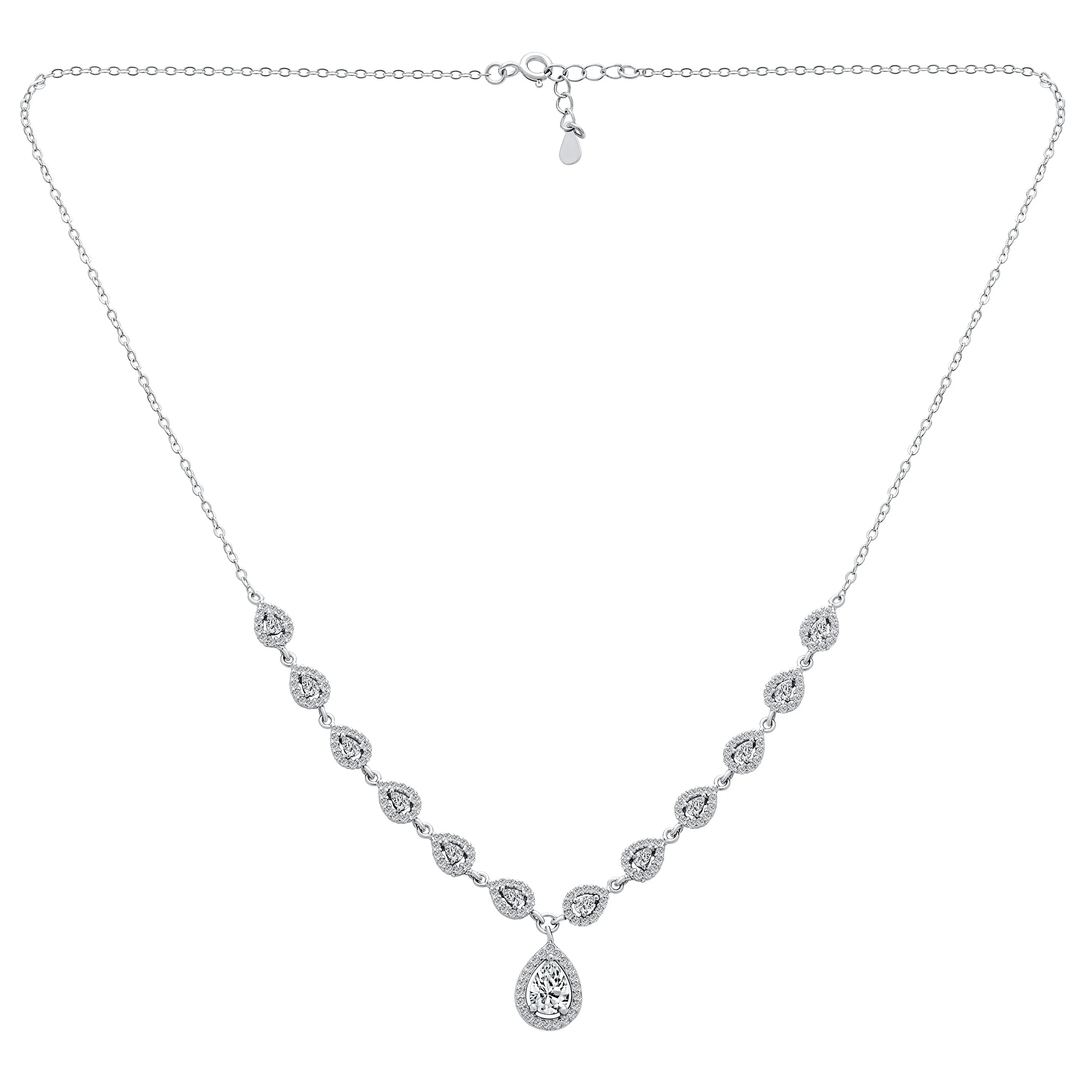 Classic Bridal Teardrop Halo CZ V Collar Necklace in Sterling Silver