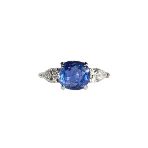 Cushion Sapphire Three Stone Diamond Ring