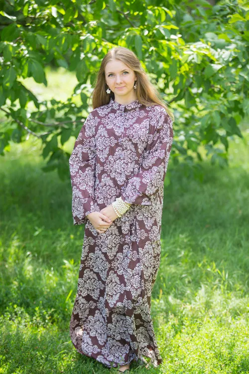 Dark Brown Charming Collars Style Caftan in Damask Pattern