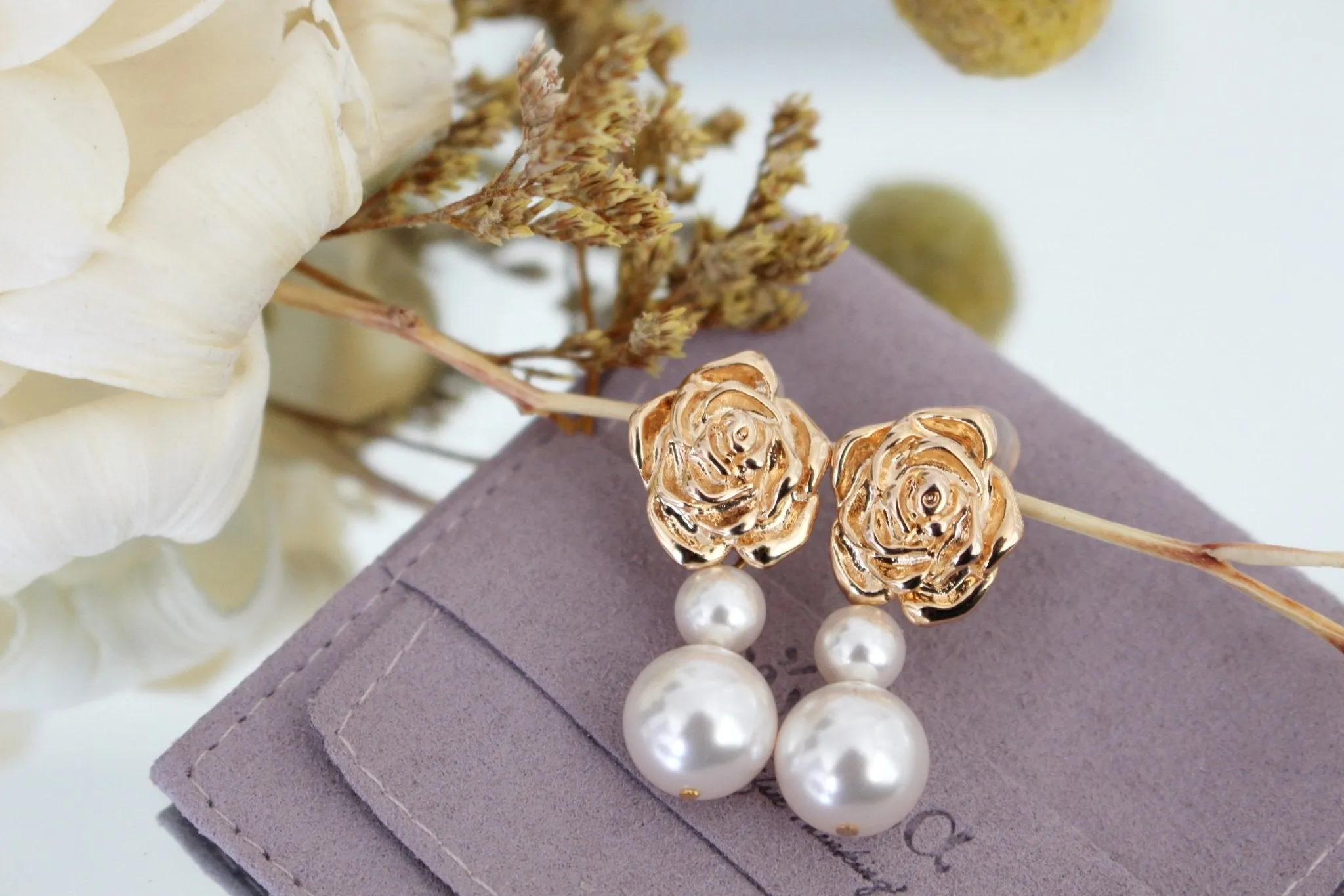 Diva S925 Silver Baroque Earrings w. Golden Rose & Pearls | Vintage Inspired