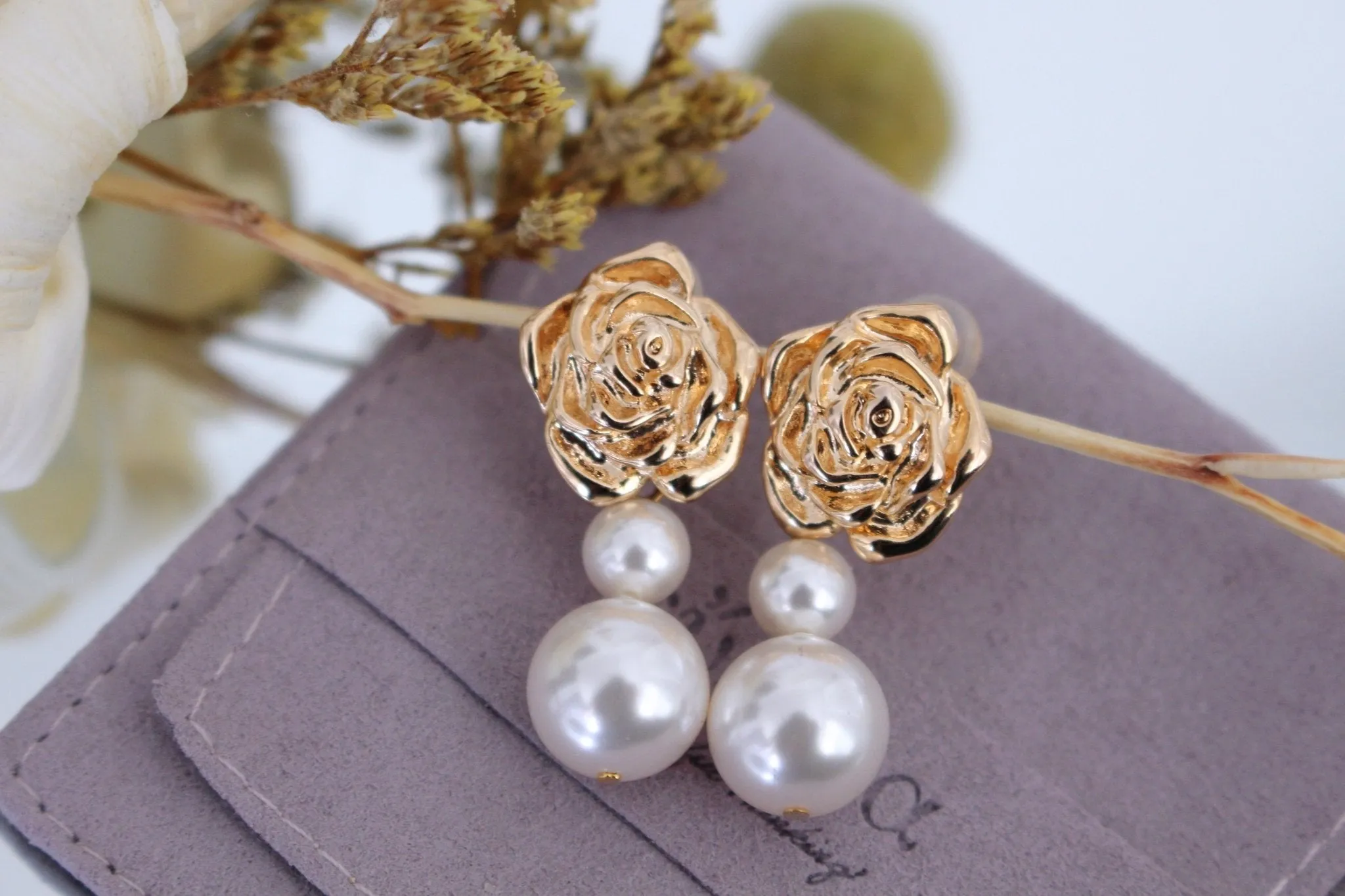 Diva S925 Silver Baroque Earrings w. Golden Rose & Pearls | Vintage Inspired