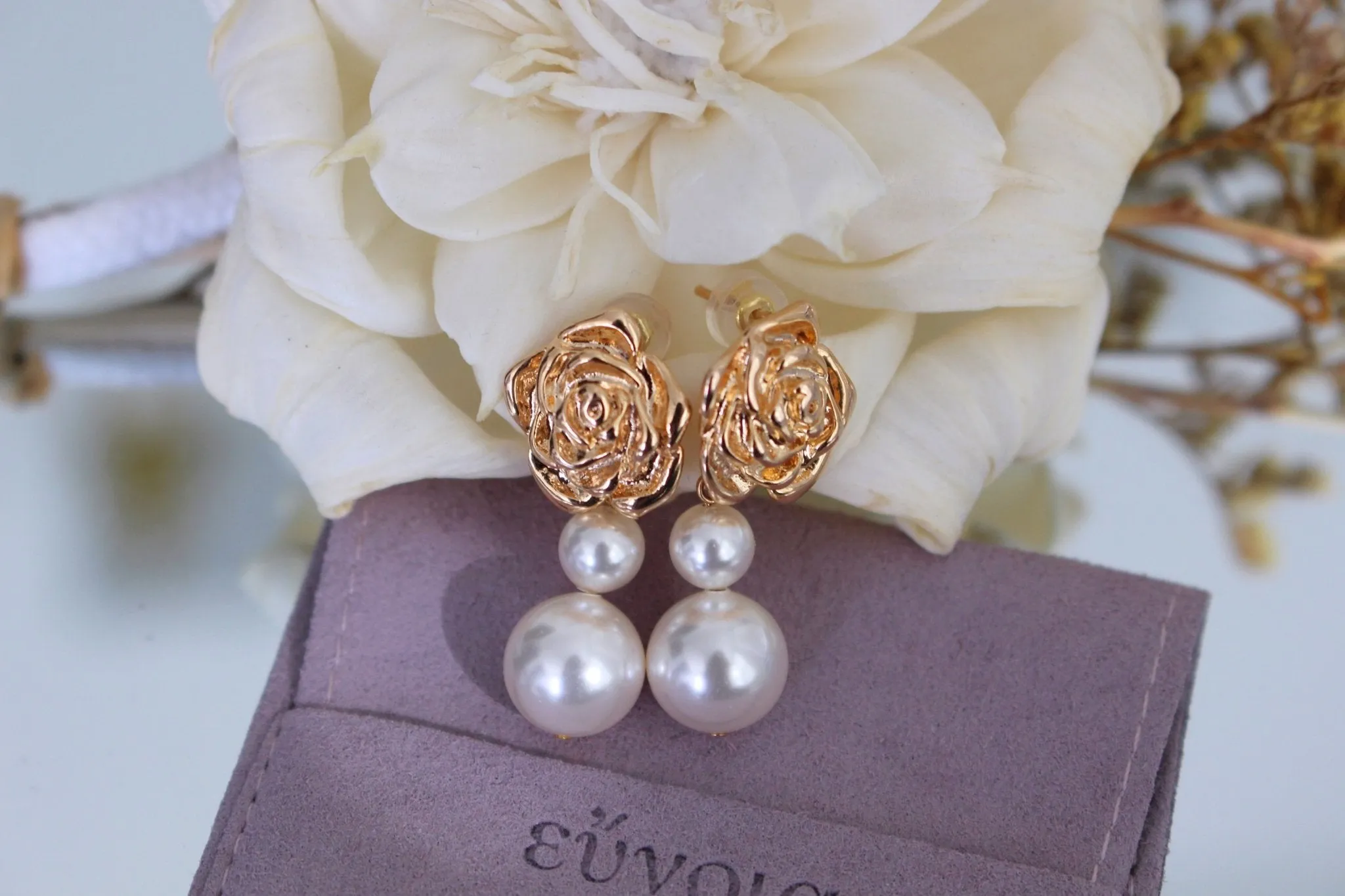 Diva S925 Silver Baroque Earrings w. Golden Rose & Pearls | Vintage Inspired