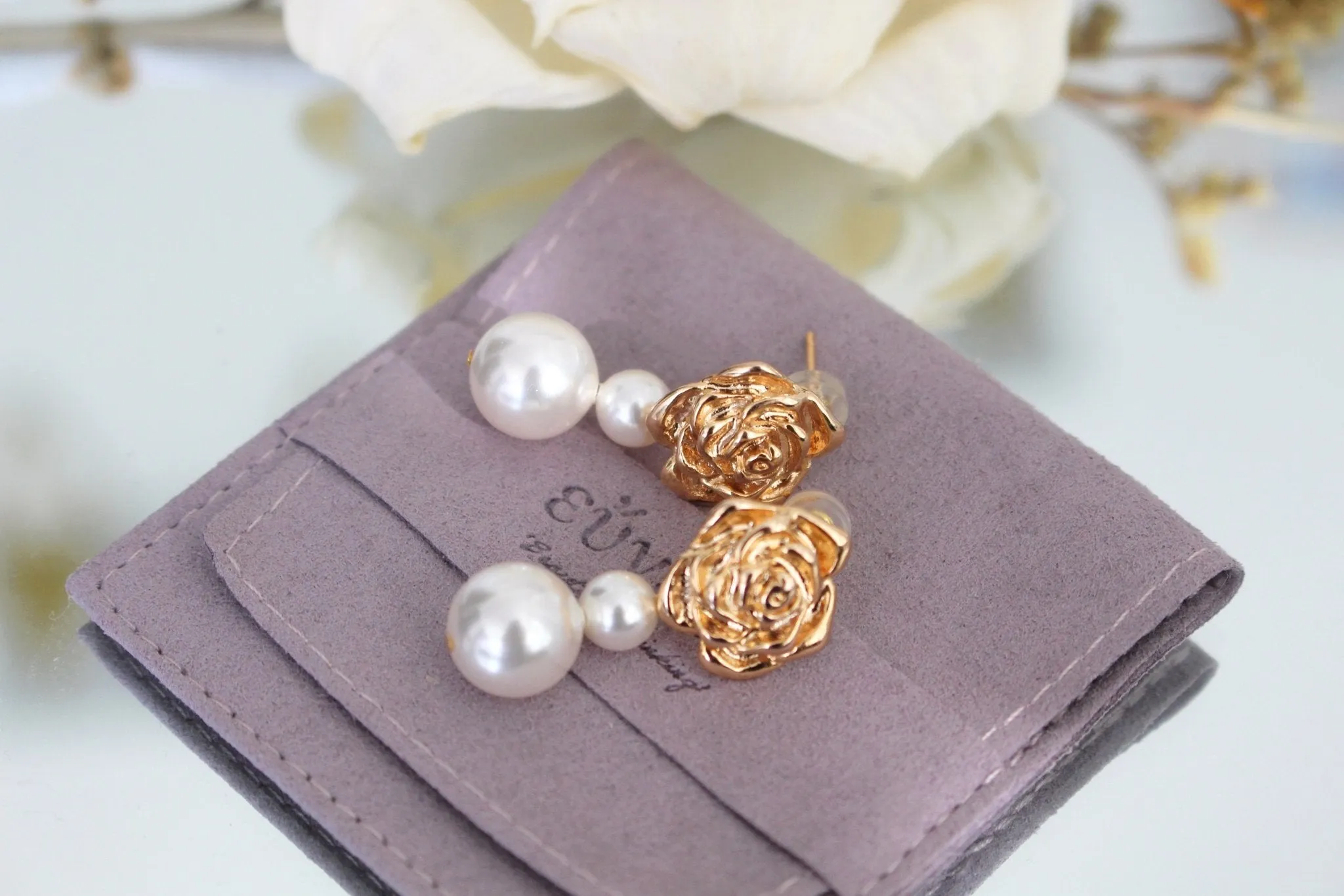 Diva S925 Silver Baroque Earrings w. Golden Rose & Pearls | Vintage Inspired