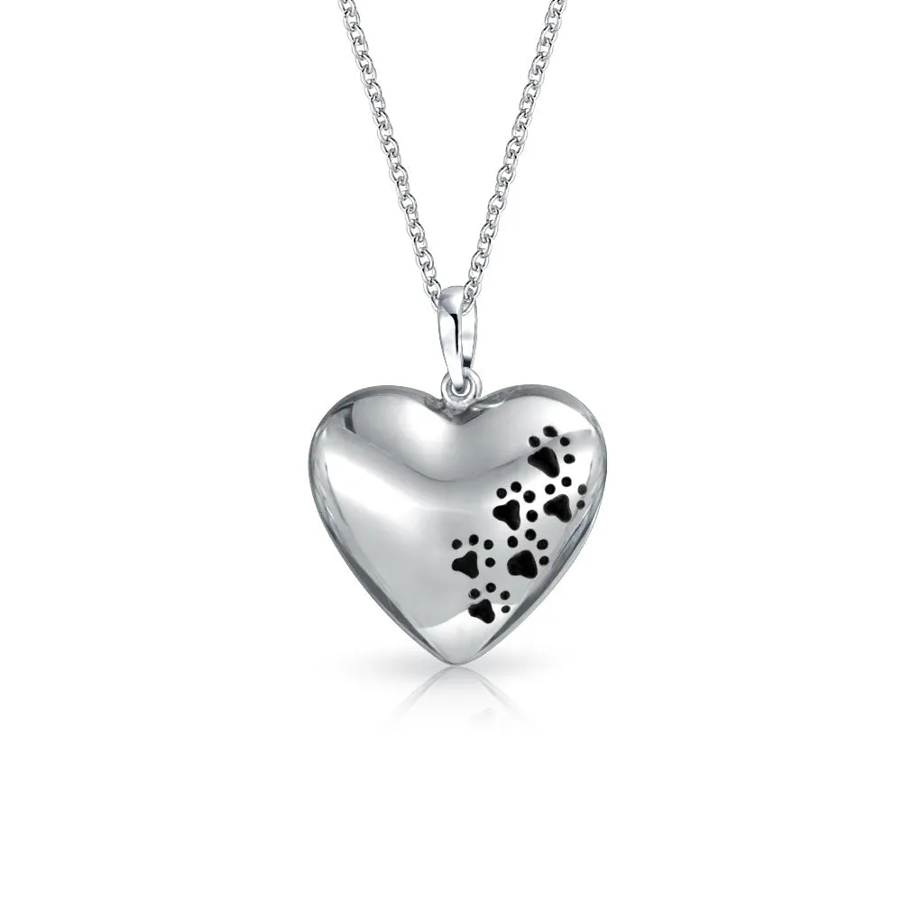 Dog Cat Heart Shape Pendant Necklace with Black Puppy Paw Prints in Sterling Silver