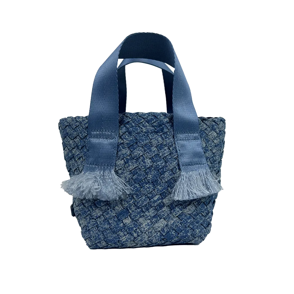 Dora Small Woven Denim Tote w/ Crossbody Strap