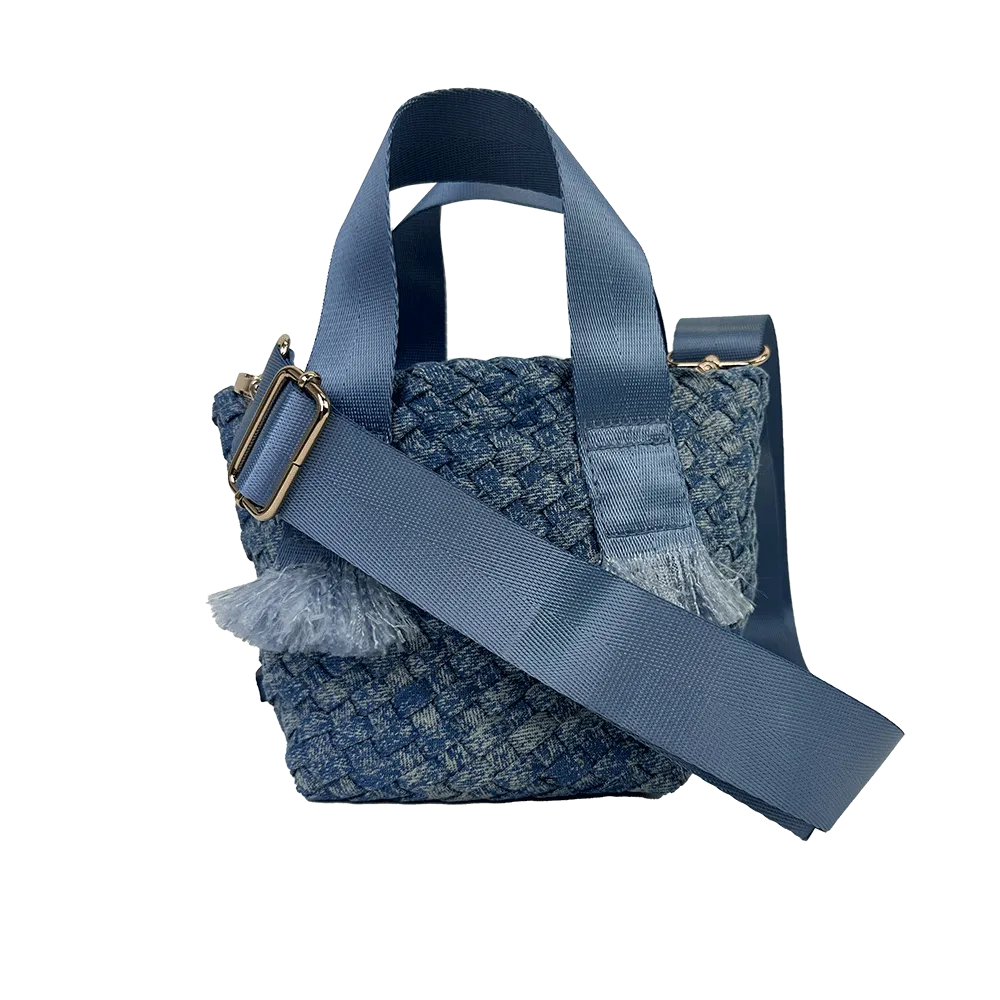 Dora Small Woven Denim Tote w/ Crossbody Strap