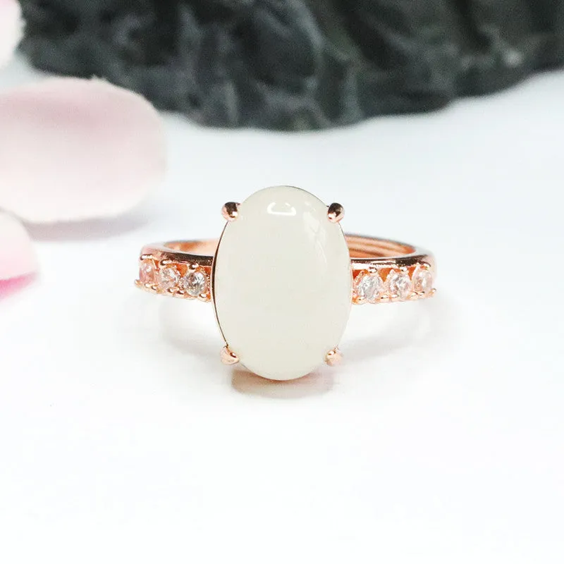 Elegant Natural Hotan Jade Ring with Zircon Gems