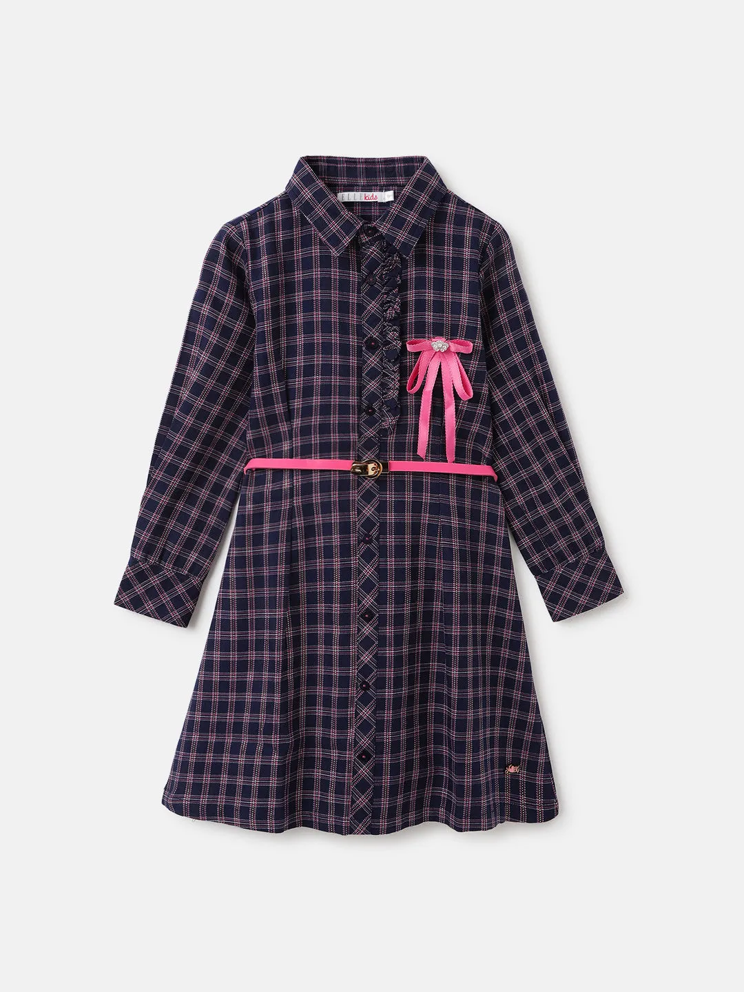 Elle Girls Blue Checked Spread Collar Full Sleeves Shirt Dress