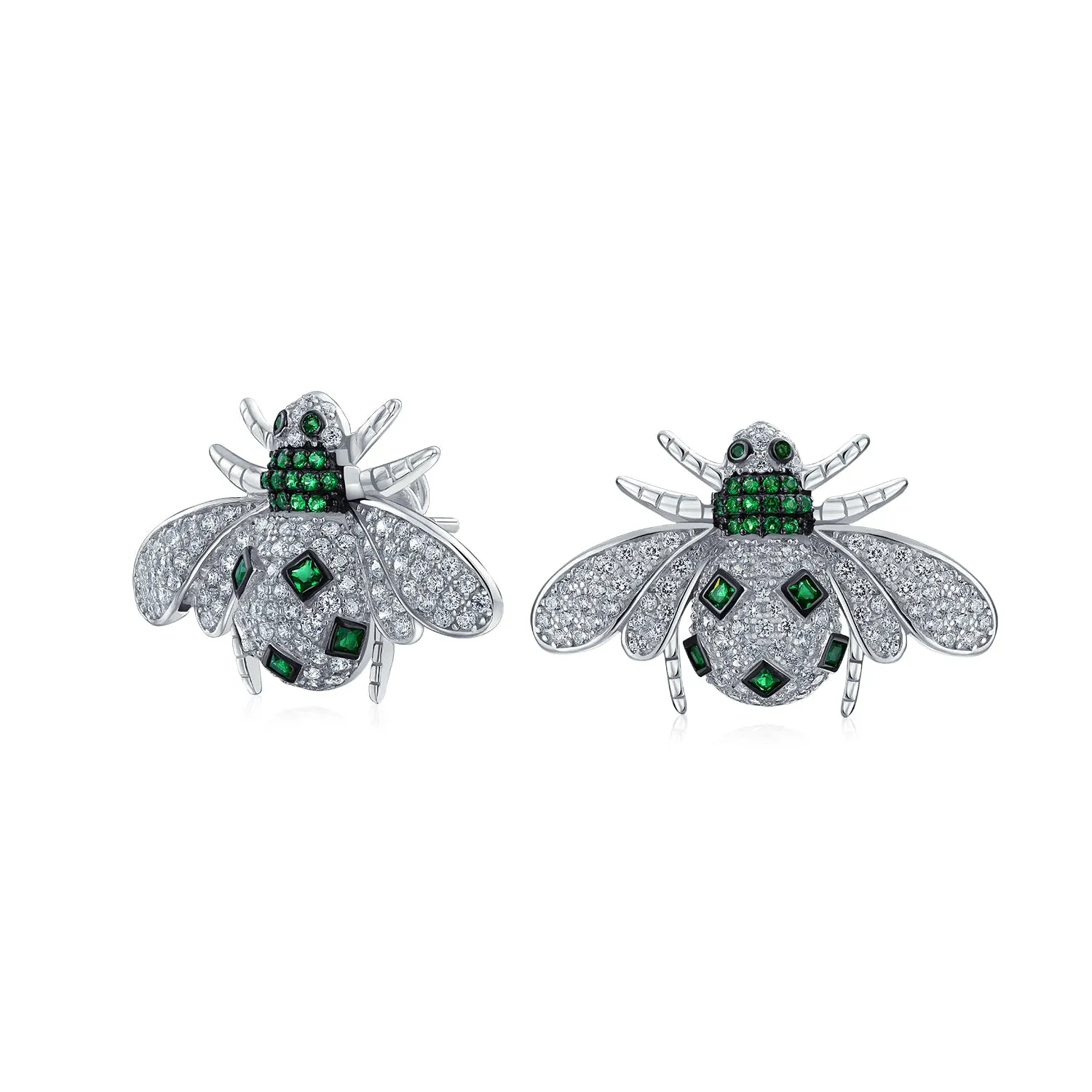 Estate Vintage Art Deco Queen Bee Stud Earrings with Green Emerald Zirconia