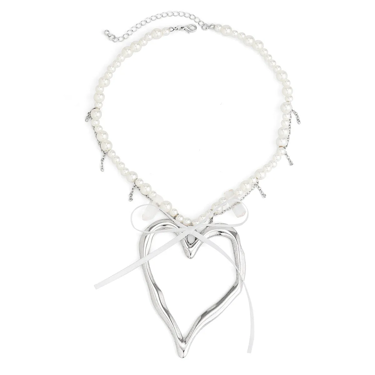 Exaggerated Imitation Pearl Bow Necklace with Heart-shaped Pendant