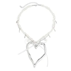 Exaggerated Imitation Pearl Bow Necklace with Heart-shaped Pendant