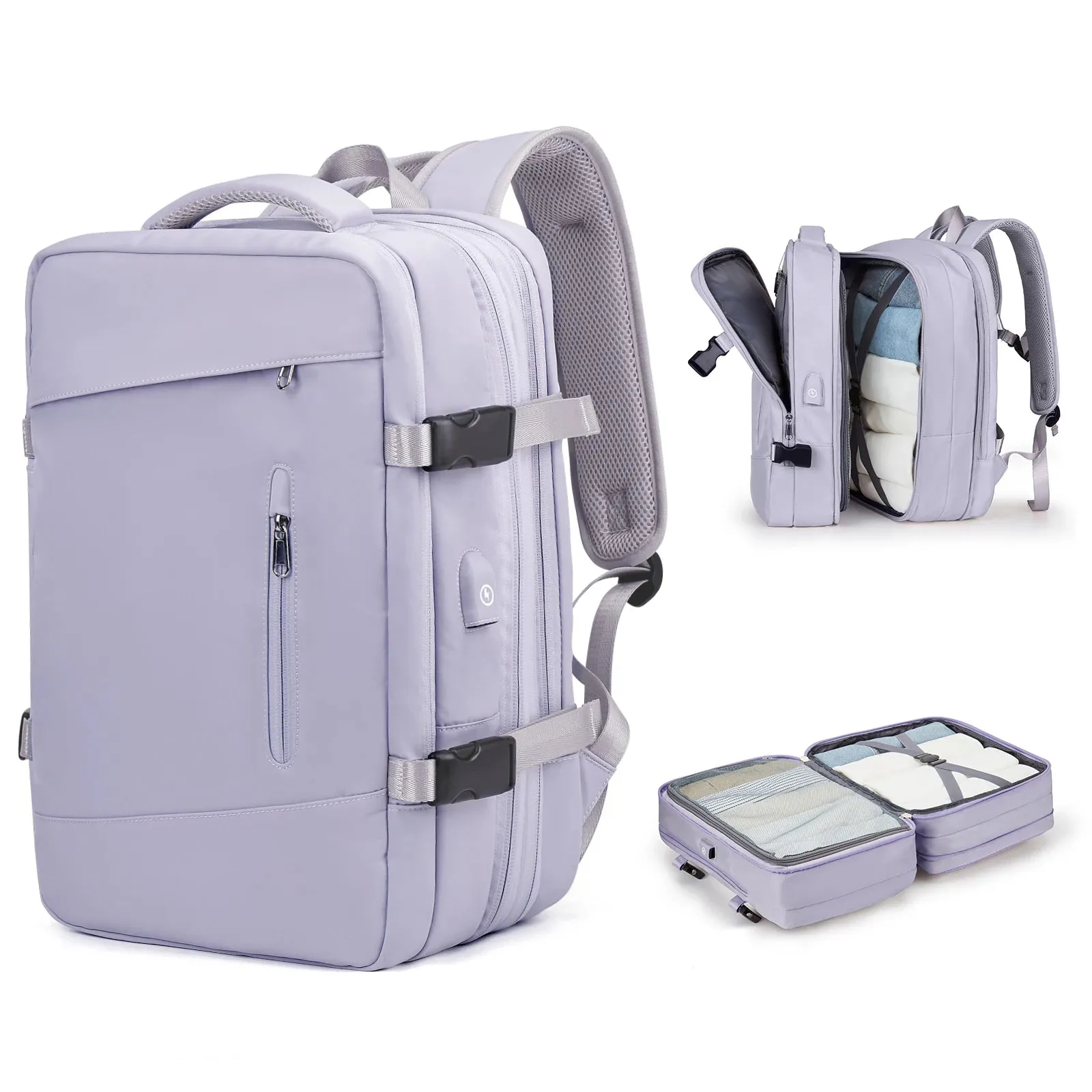 Expandable Purple Travel Backpack for Efficient Packing