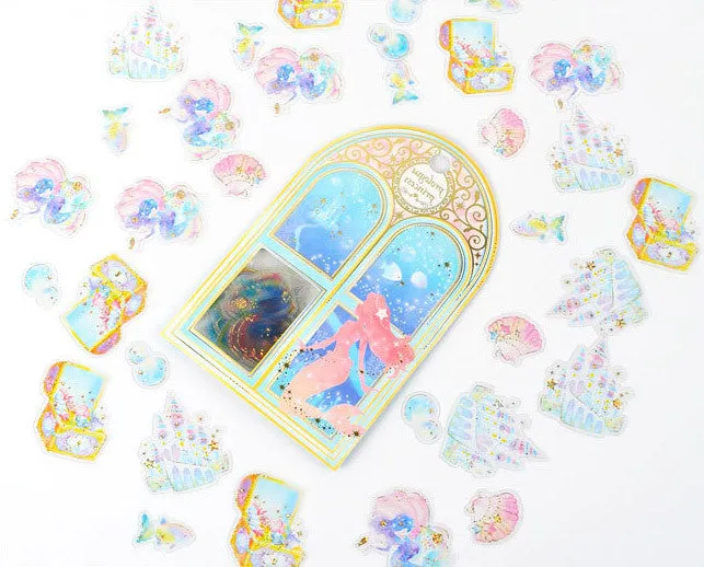 Fairytale Mermaid Princess Sticker Flakes | Holographic Fairy Kei Planner Deco Stickers | Iridescent PVC Sticker | Kawaii Resin Crafts (Fish Seashell Castle Treasure Box / 6 Designs / 36 Pieces)