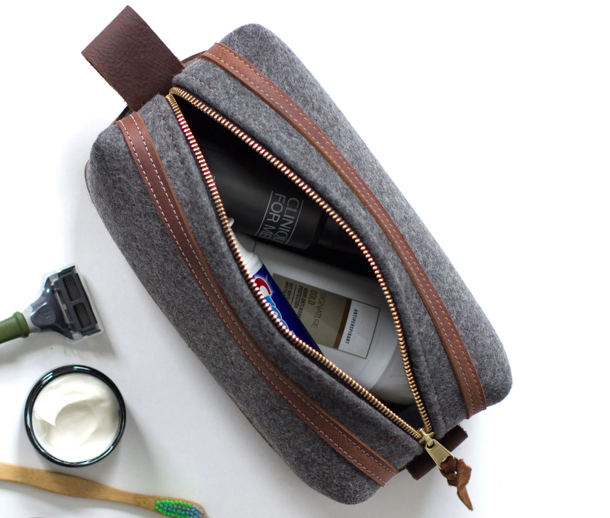 Felt & Leather Toiletry Bag by Lifetime Leather Co