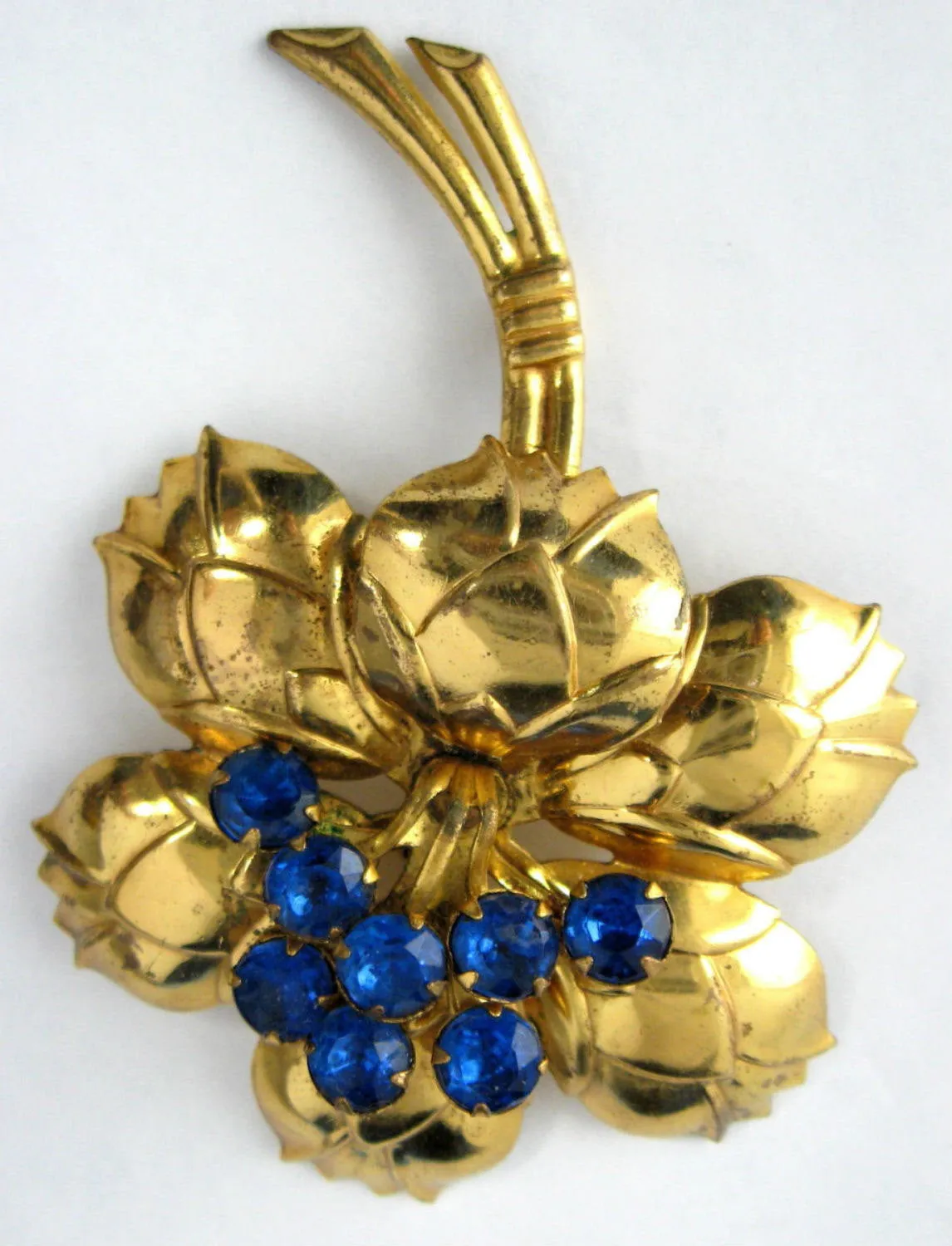 Figural Blue Rhinestones Flower Brooch Pin 1940s Gold Pin Large Lily Elegant