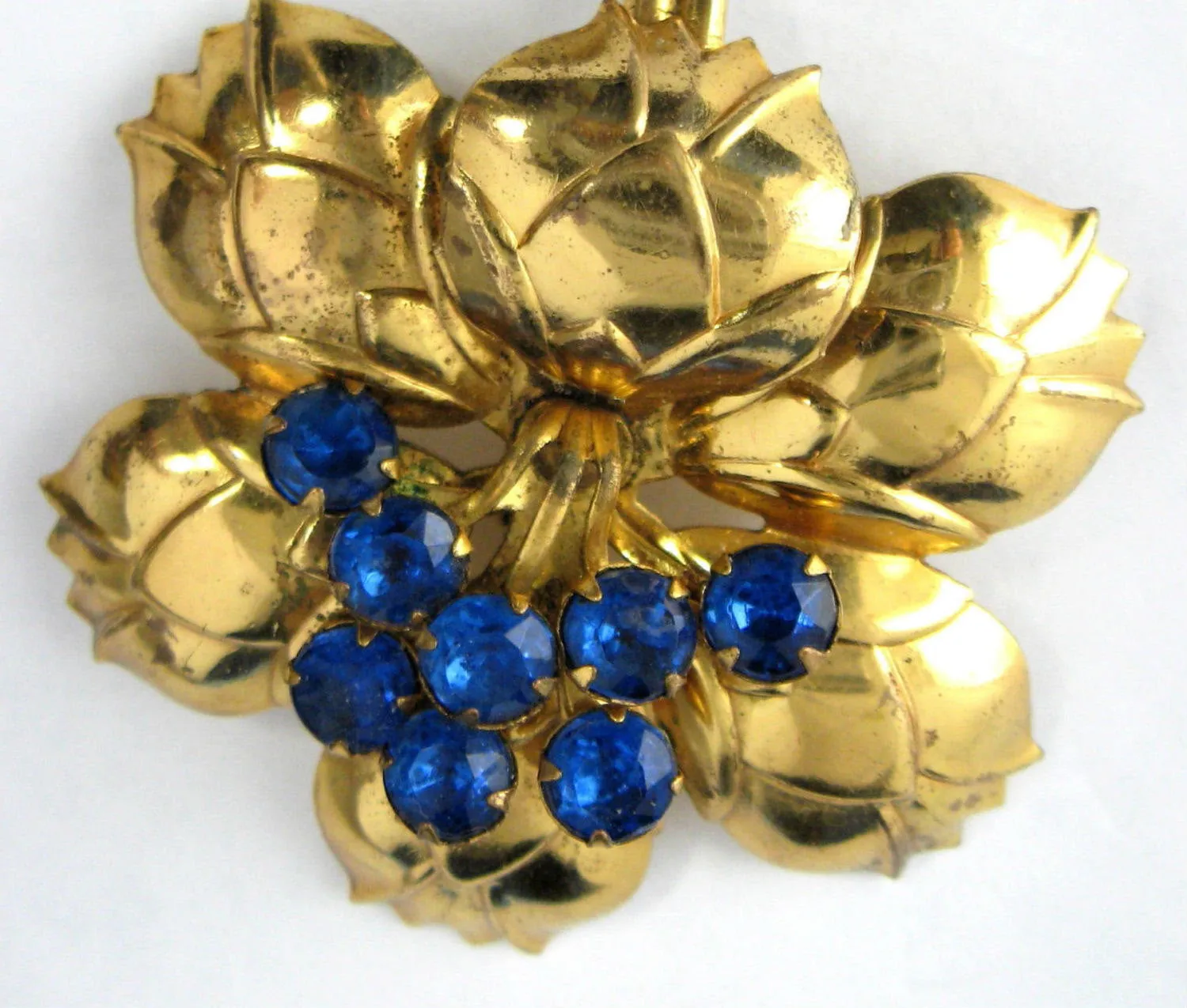 Figural Blue Rhinestones Flower Brooch Pin 1940s Gold Pin Large Lily Elegant