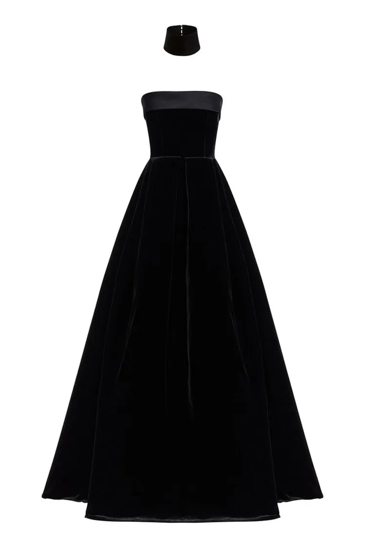 Flytonn- Regal Choker Fold Over Strapless Fit & Flare Velvet Evening Maxi Dress