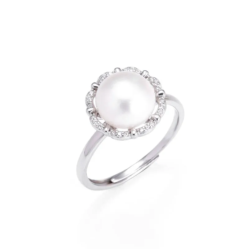 Freshwater Pearl Zircon Flower Halo Opening Sterling Silver Ring