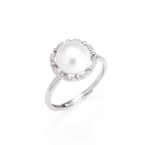 Freshwater Pearl Zircon Flower Halo Opening Sterling Silver Ring