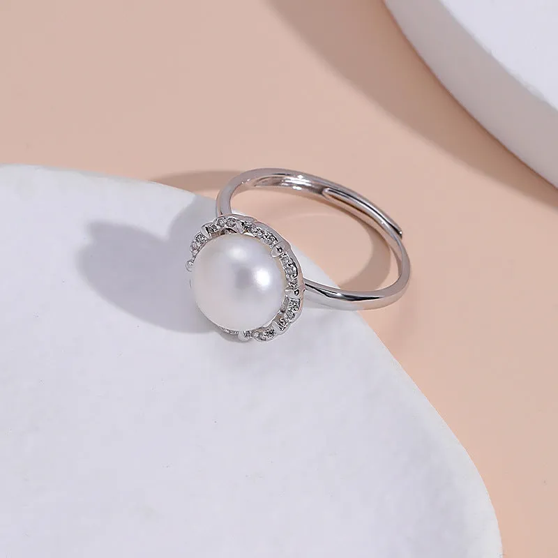 Freshwater Pearl Zircon Flower Halo Opening Sterling Silver Ring