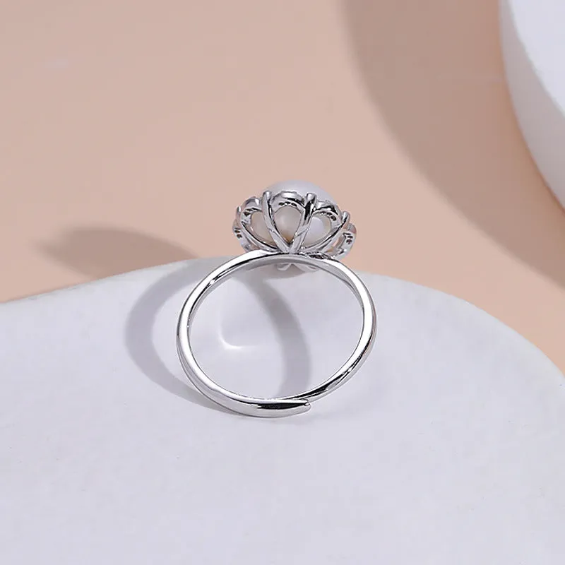 Freshwater Pearl Zircon Flower Halo Opening Sterling Silver Ring