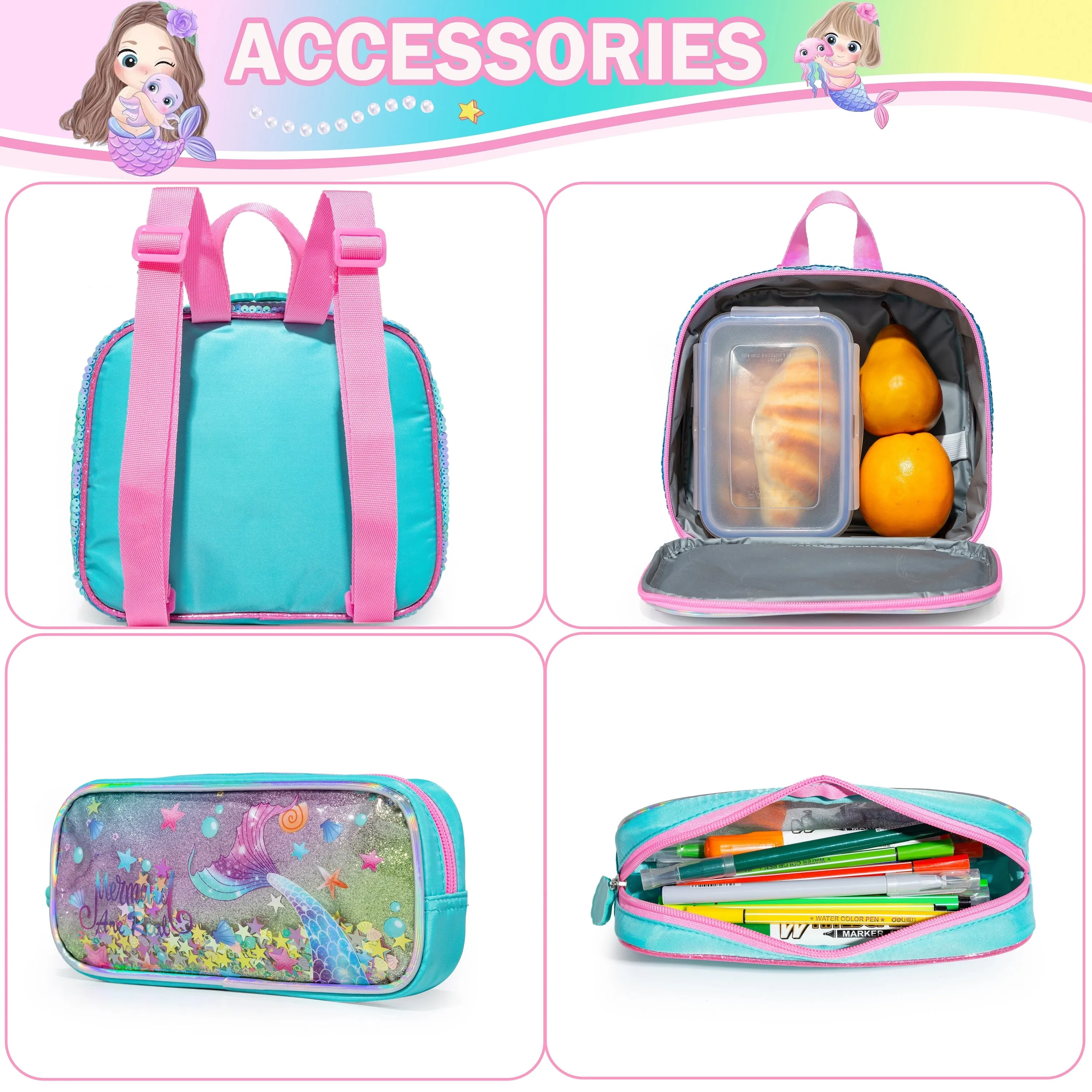 Full Size Cartoon School Backpack Set for Kids Girls