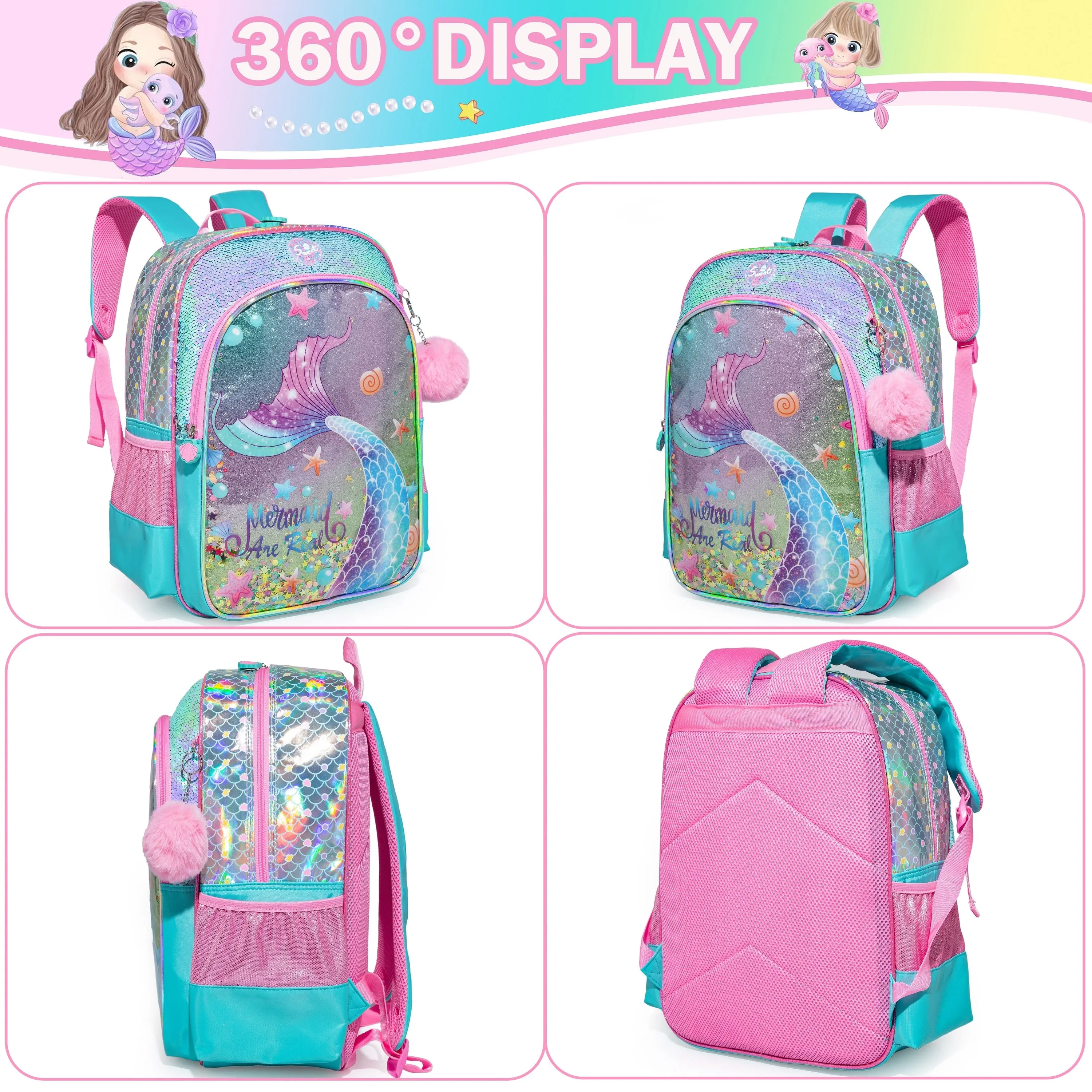 Full Size Cartoon School Backpack Set for Kids Girls