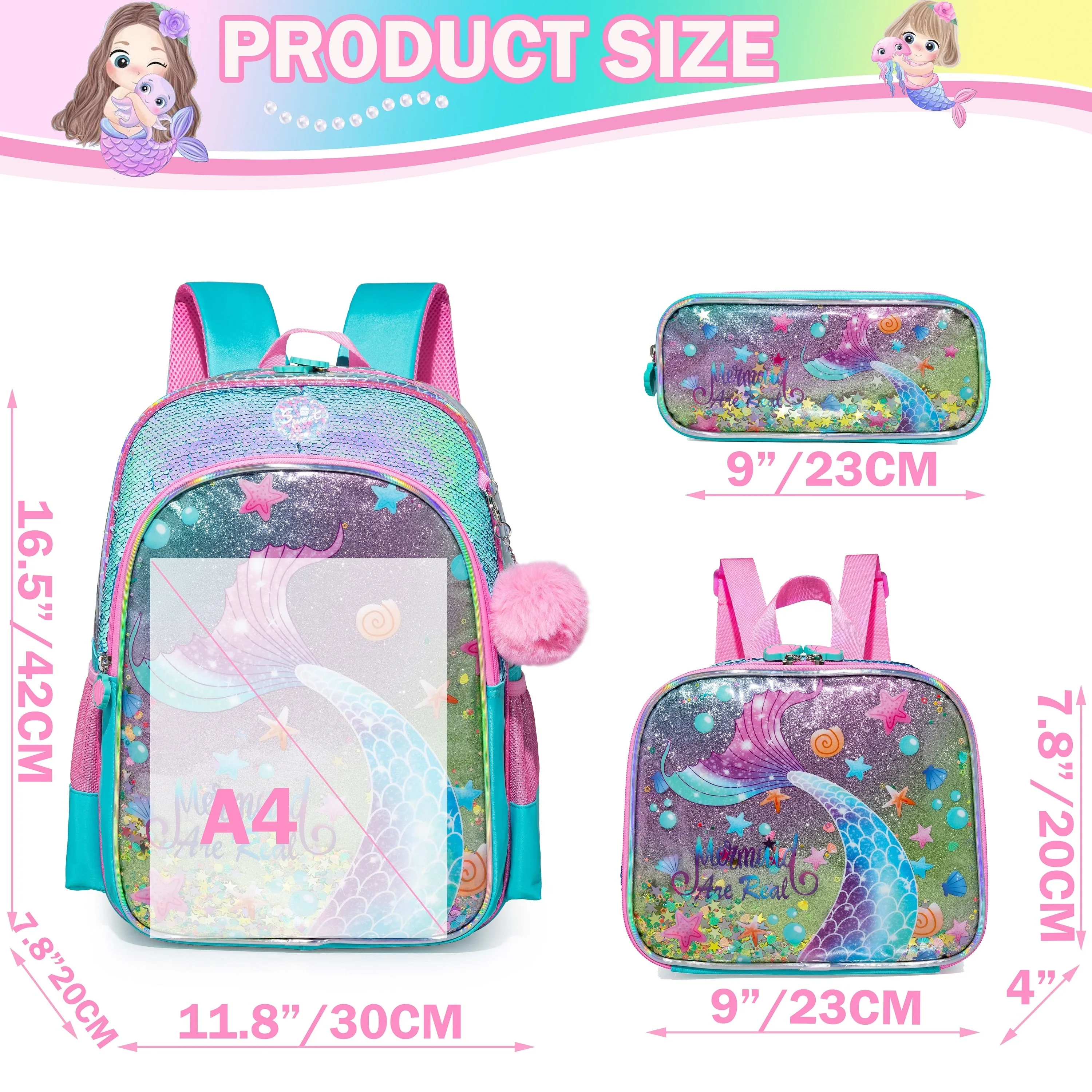 Full Size Cartoon School Backpack Set for Kids Girls