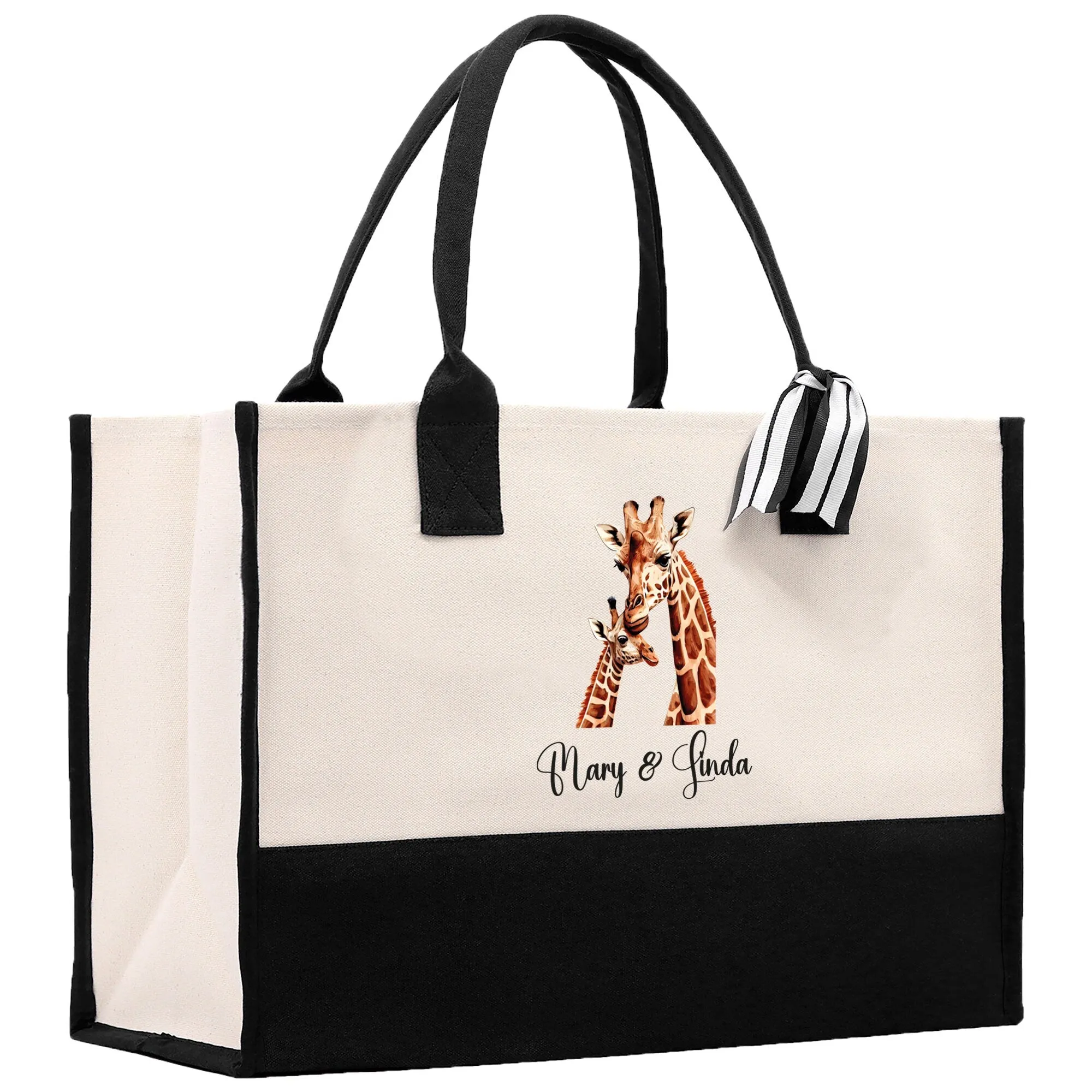 Giraffe Mom And Baby Name Custom Cotton Canvas Tote Bag Custom Pet Lover Gift Pet Portrait Bag Personalized Pet Owner Gift Tote Bag