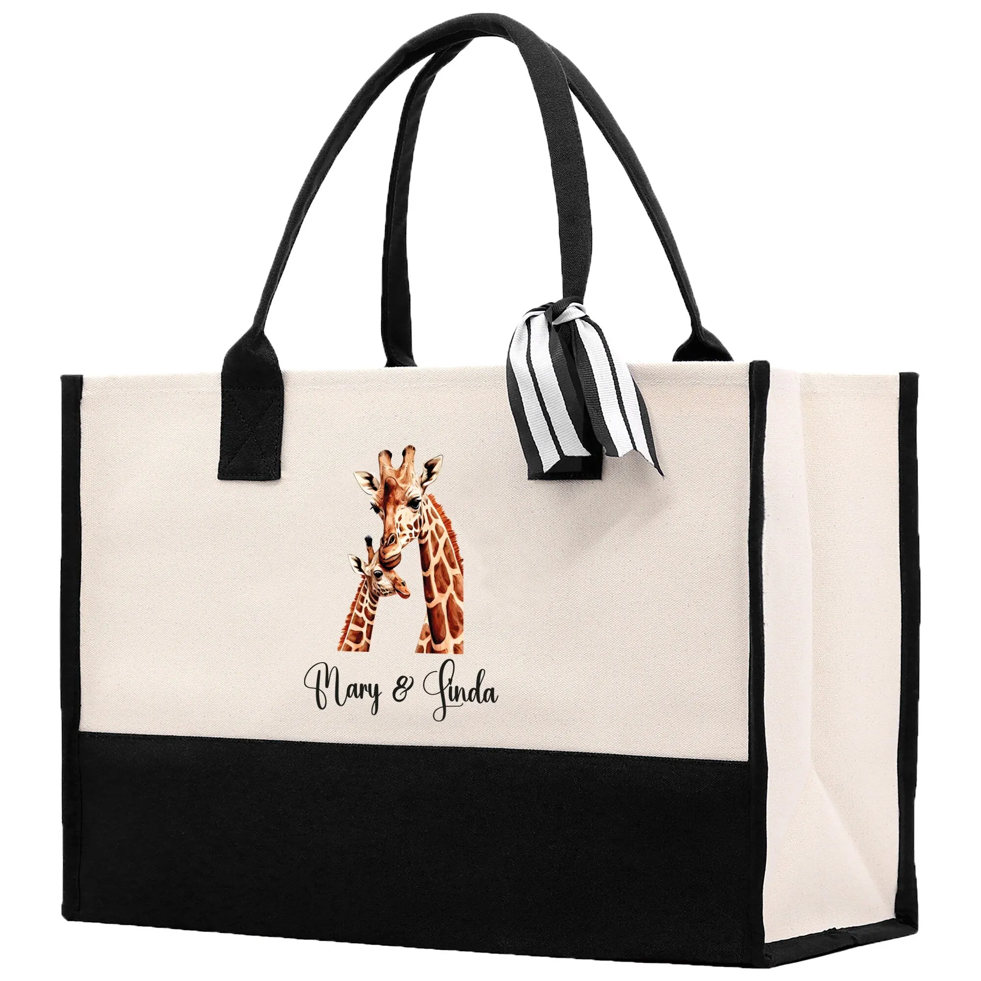 Giraffe Mom And Baby Name Custom Cotton Canvas Tote Bag Custom Pet Lover Gift Pet Portrait Bag Personalized Pet Owner Gift Tote Bag