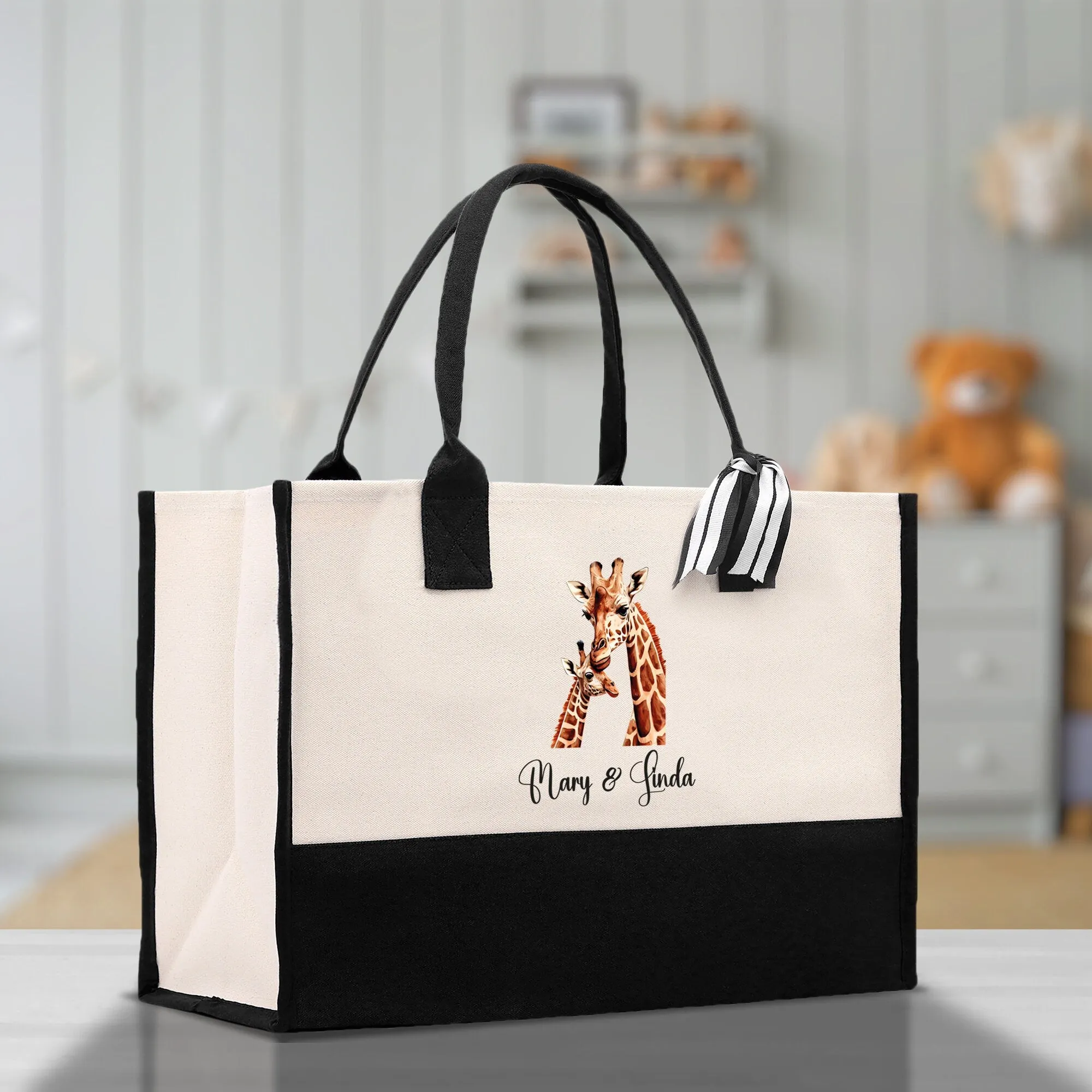 Giraffe Mom And Baby Name Custom Cotton Canvas Tote Bag Custom Pet Lover Gift Pet Portrait Bag Personalized Pet Owner Gift Tote Bag