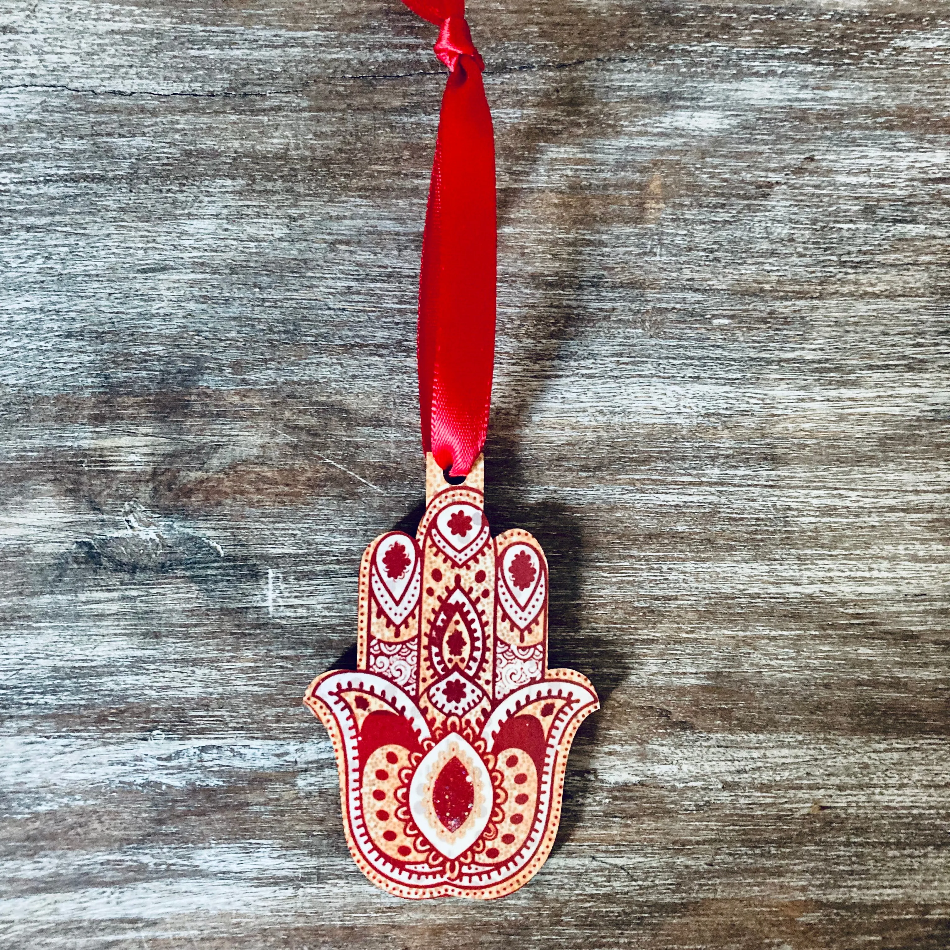 Gold & Red Hamsa Wooden Decoration