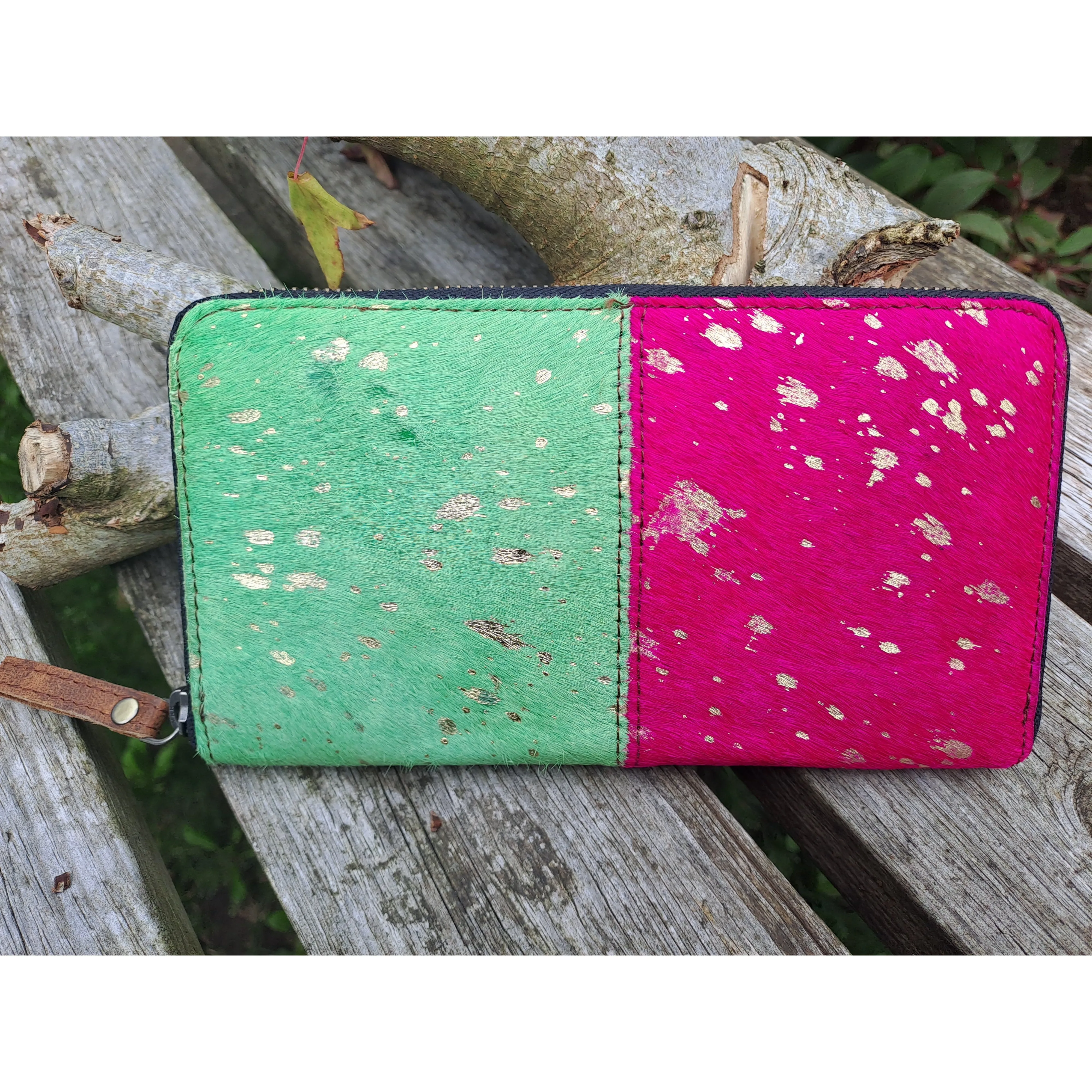 Gold Flecked Boho Hair on Hide Wallet|Waled Boho Lliw wedi wneud â llaw