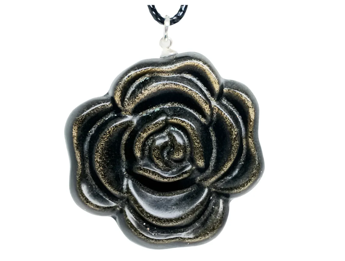 Golden Obsidian Crystal  Rose Pendant Necklace