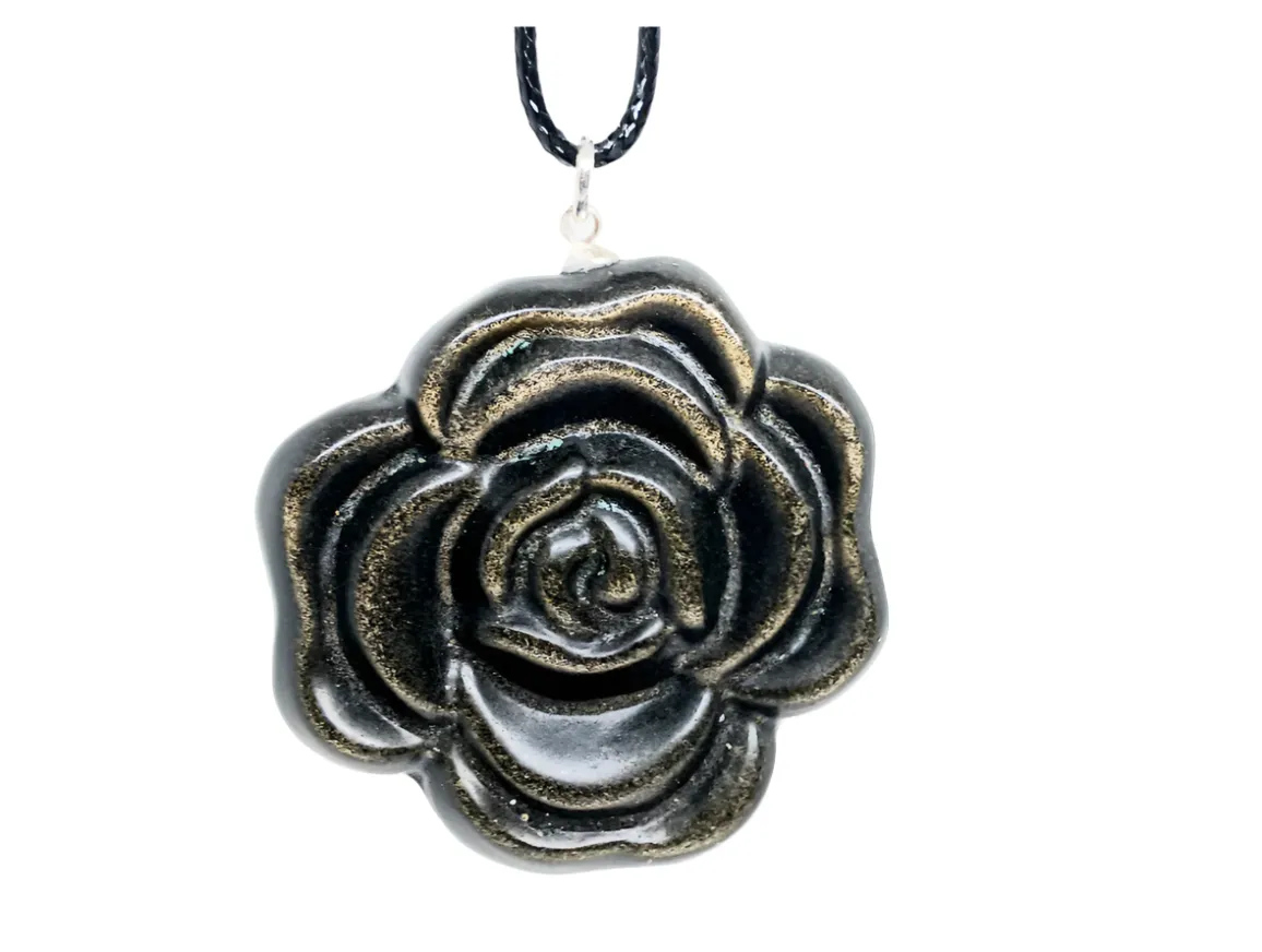 Golden Obsidian Crystal  Rose Pendant Necklace