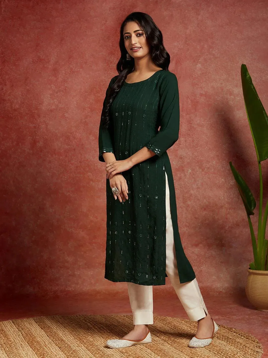 Green Embroidered Rayon Straight Kurta