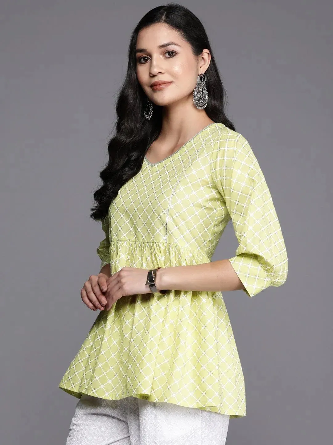 Green Printed Cotton Straight Kurti