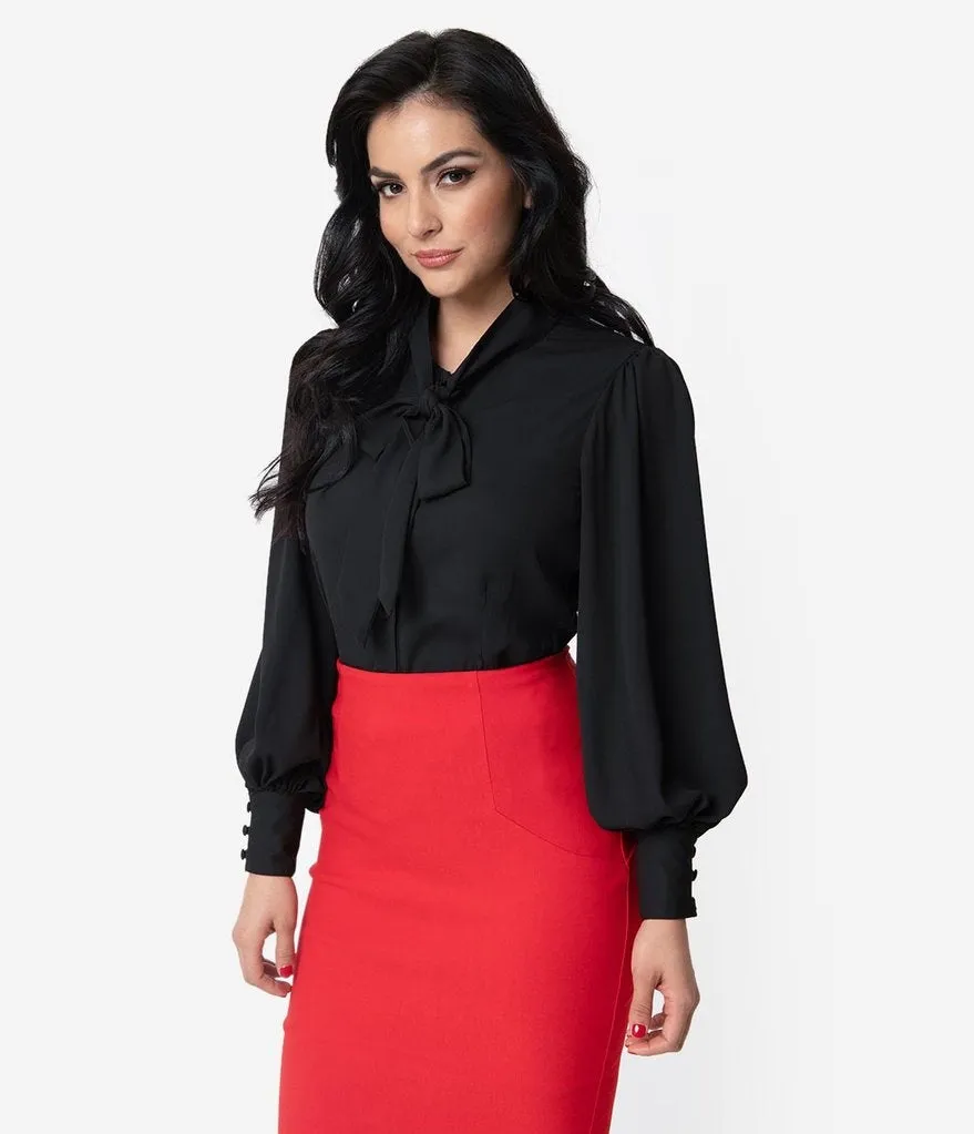 Gwen Tie-Neck Blouse in Black by Unique Vintage