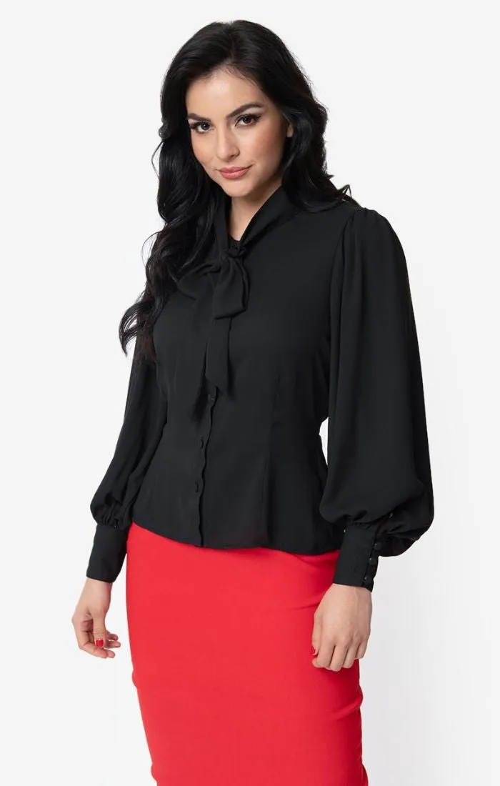 Gwen Tie-Neck Blouse in Black by Unique Vintage