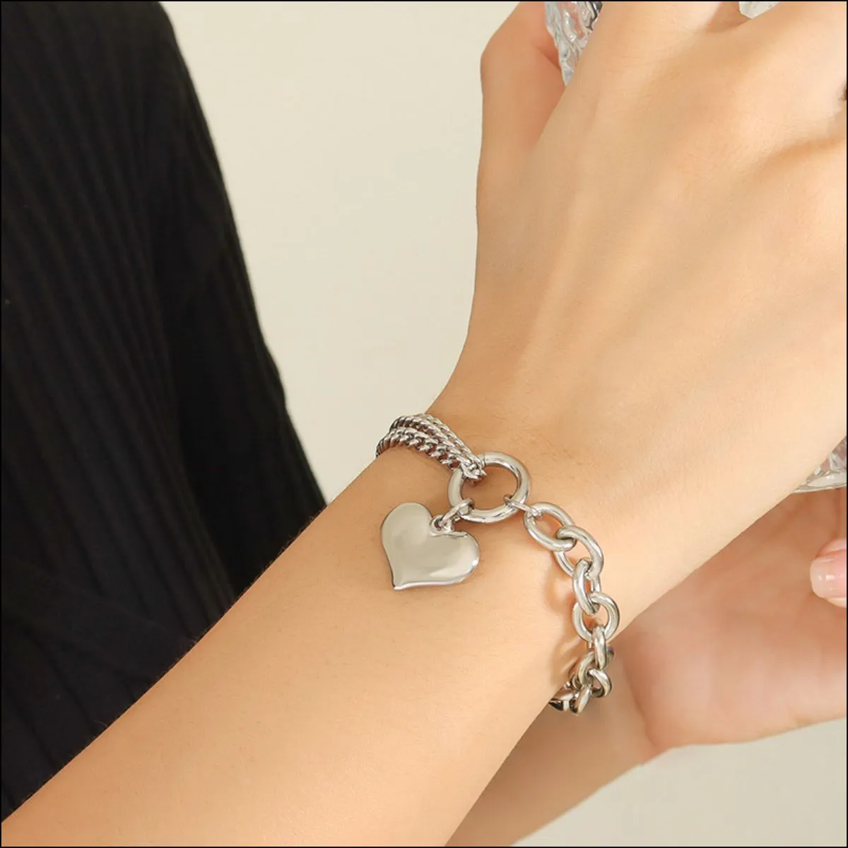 Half Chunky Chain Titanium Steel Heart Bracelet