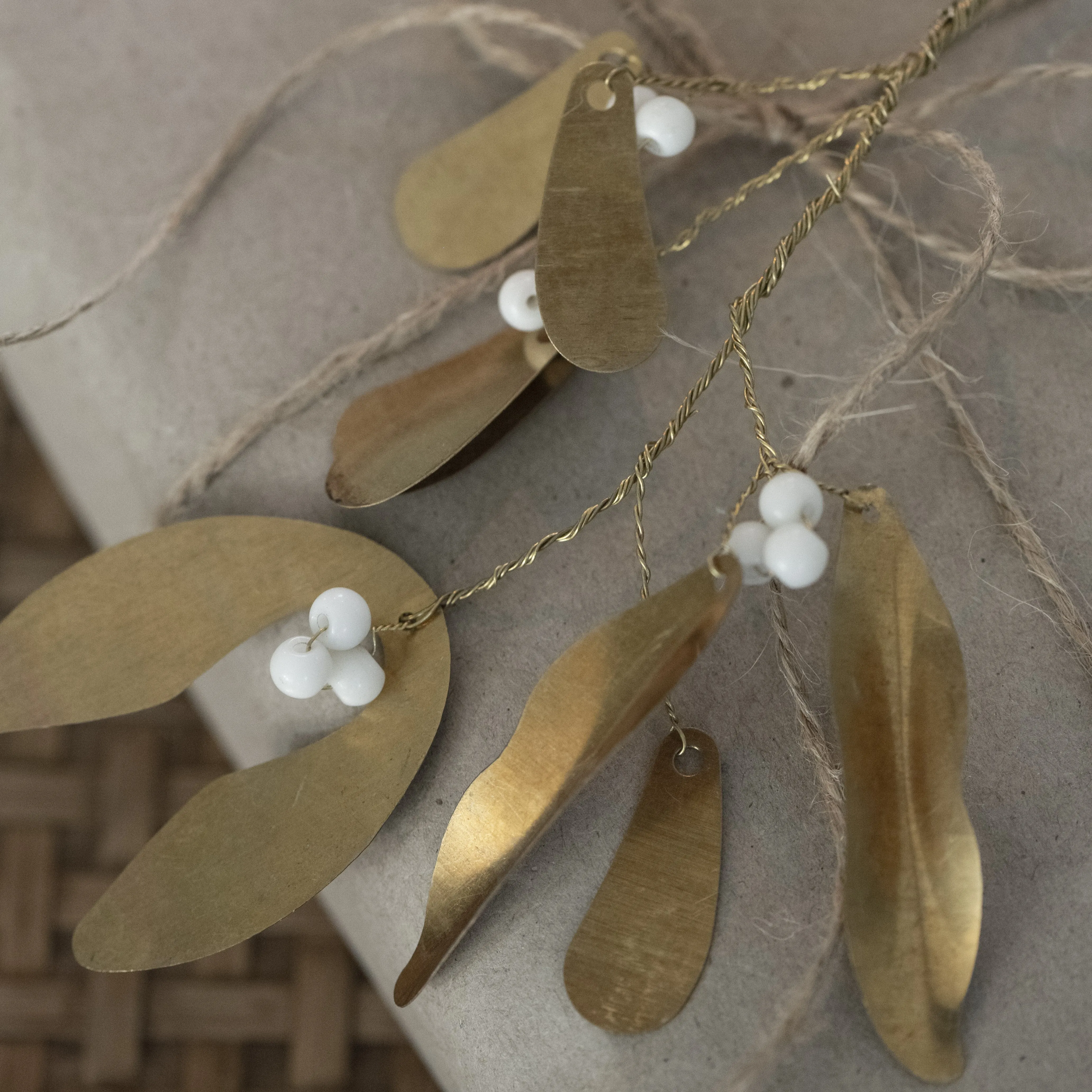 Hanging Brass Mistletoe with White Beads