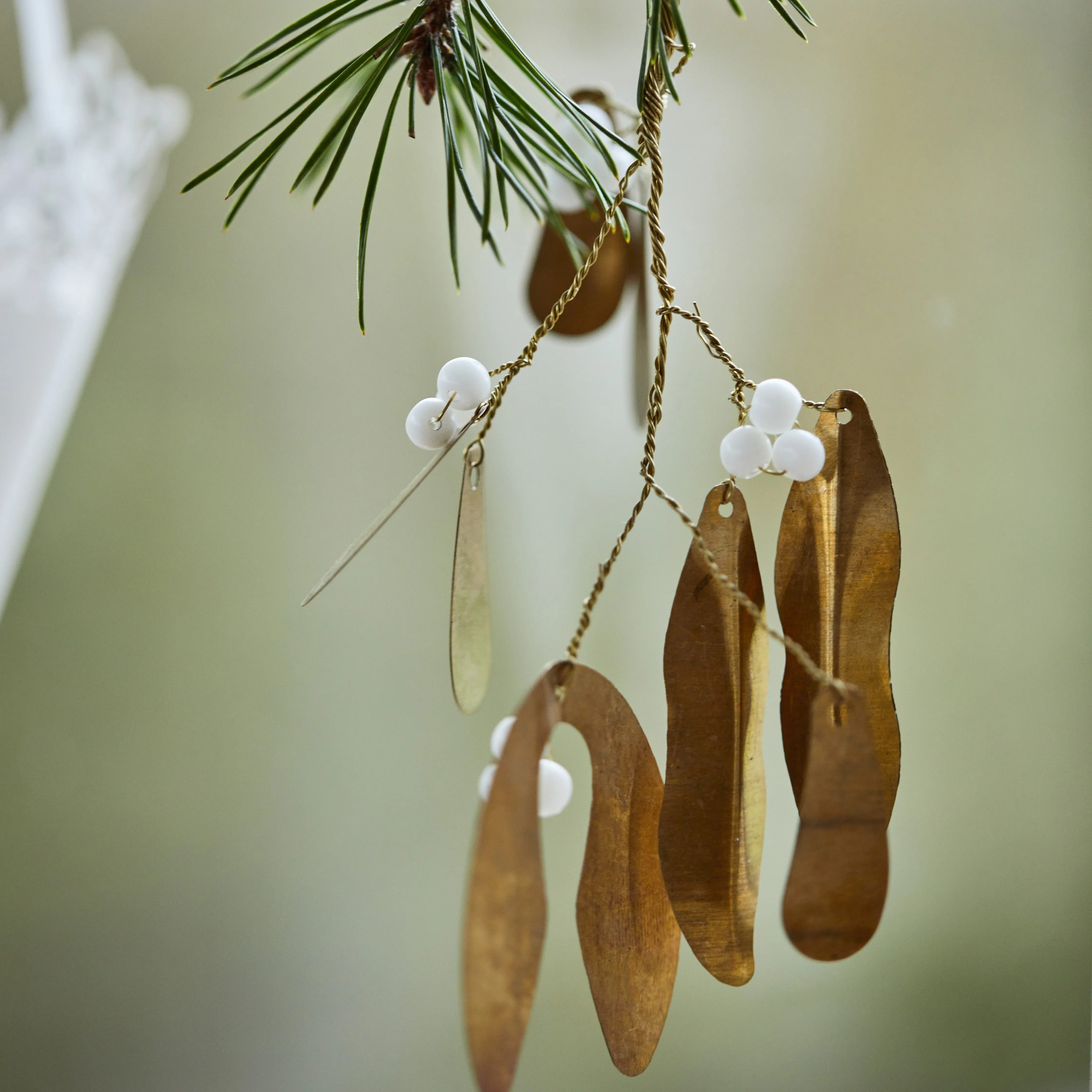 Hanging Brass Mistletoe with White Beads